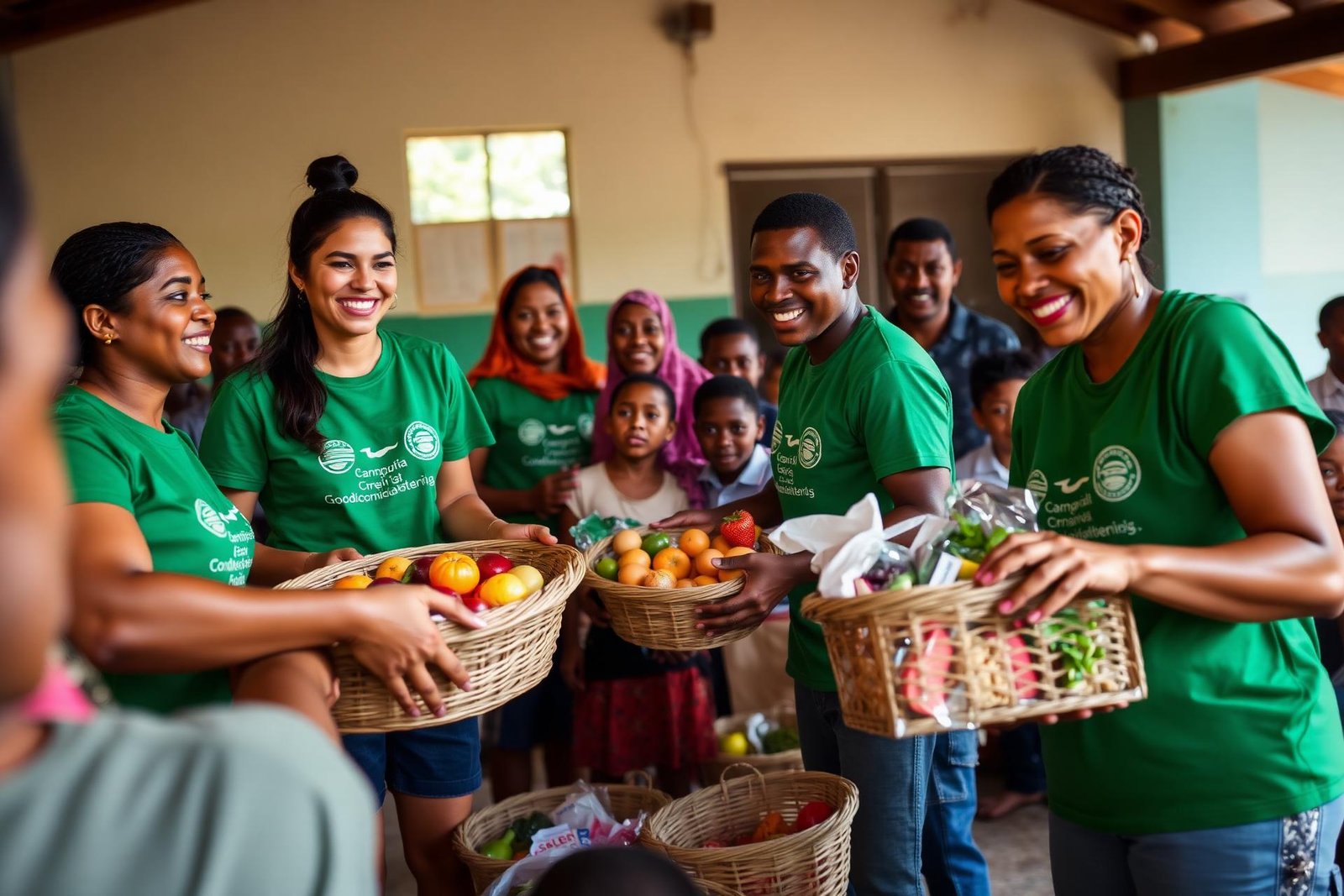 Voluntários distribuindo cestas de alimentos frescos